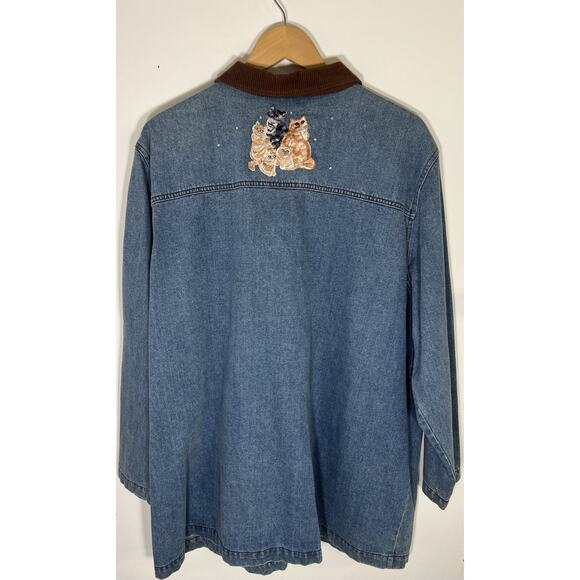 Quacker Factory Cat Denim Shirt Size 1X Corduroy Collar Embroidered Rhinestones - Picture 2 of 14